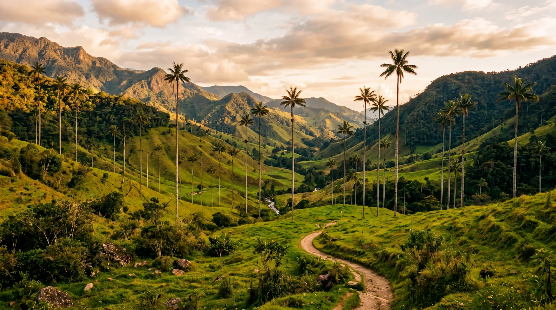 Palmas de cera entre las montañas verdes del Quindío